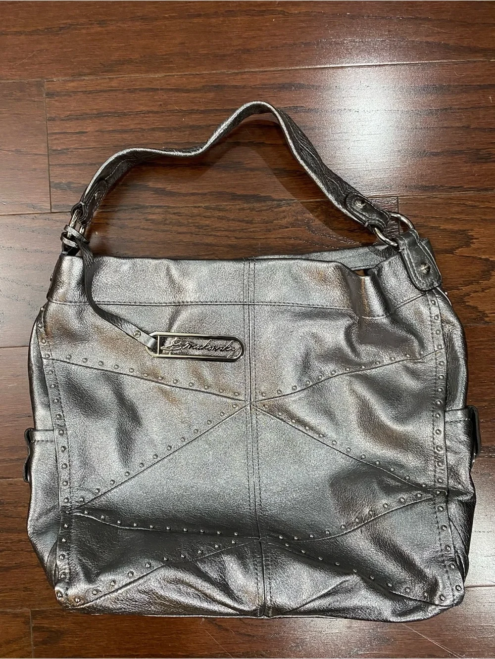 B.Makowsky Pewter Leather Large Tote Studded Purse Bag Animal Print Inside